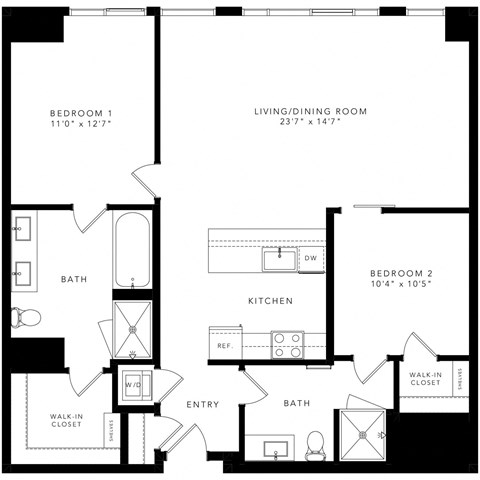 Floor plan for 2 beds, 2 baths, 1245 sqft